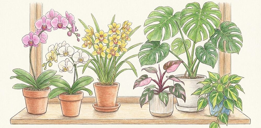 胡蝶蘭、シンビジウムといったランの仲間や、モンステラ、フィロデンドロンといったサトイモ科の植物