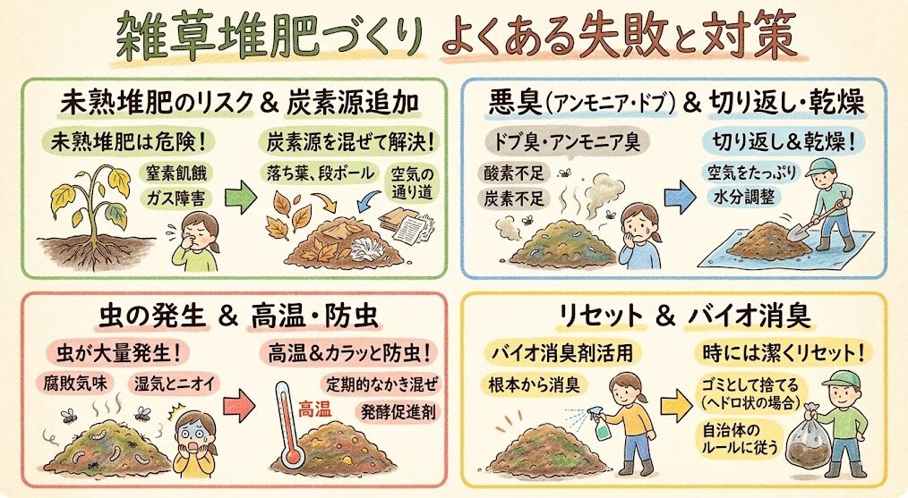 雑草を放置して堆肥を作る際の失敗対策