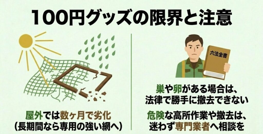 スライド「100円グッズの限界と注意」。屋外では数ヶ月で劣化するため長期間なら専用の強い網へ移行すること、巣や卵がある場合は法律（六法全書を持つ人のイラスト）で勝手に撤去できないこと、危険な高所作業や撤去は迷わず専門業者へ相談することを解説。