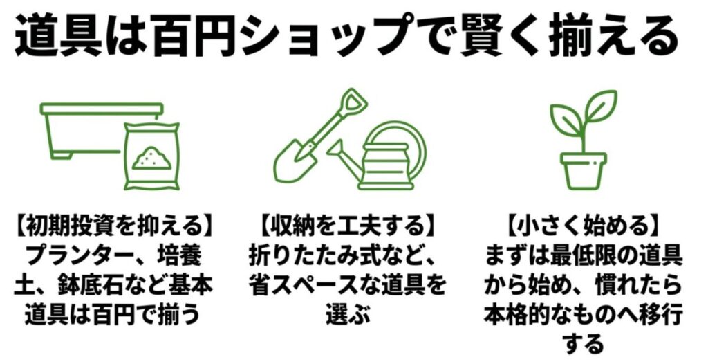 家庭菜園をアパート：道具は百円ショップで賢く揃える。プランターや培養土などで初期投資を抑え、小さく始めるコツ