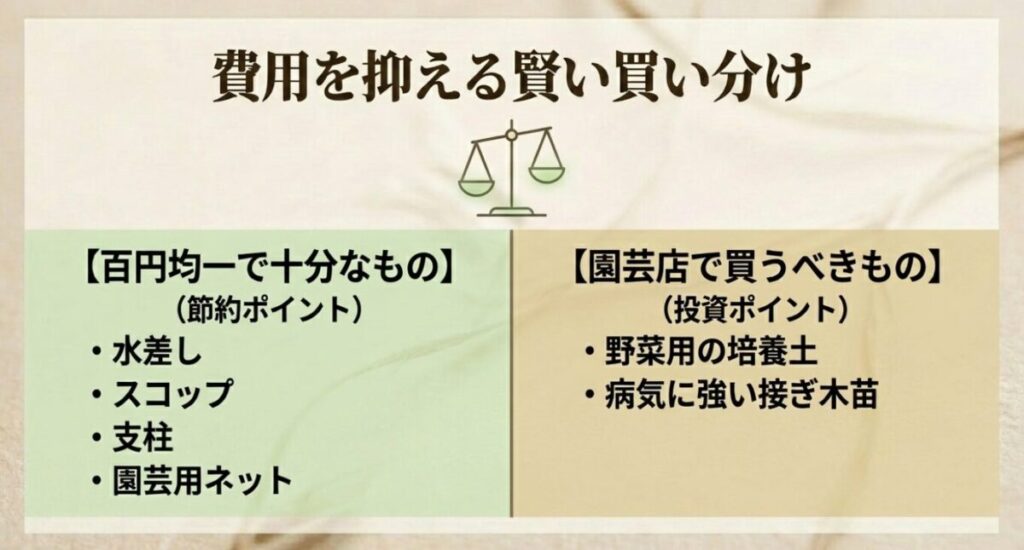 家庭菜園：天秤のイラストが描かれた「費用を抑える賢い買い分け」のスライド。節約ポイントとして百円均一で十分なもの（水差し、スコップ、支柱、園芸用ネット）と、投資ポイントとして園芸店で買うべきもの（野菜用の培養土、病気に強い接ぎ木苗）が左右にバランスよく配置されています。