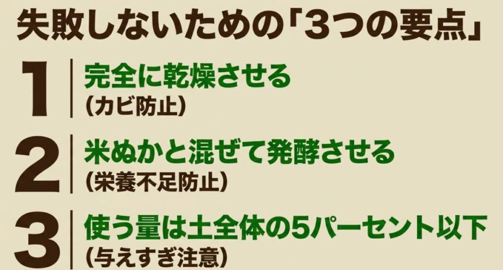 コーヒーかす肥料：失敗しないための3つの要点 。1つ目は完全に乾燥させること 、2つ目は米ぬかと混ぜて発酵させること 、3つ目は使う量を土全体の5パーセント以下にすることです 。
