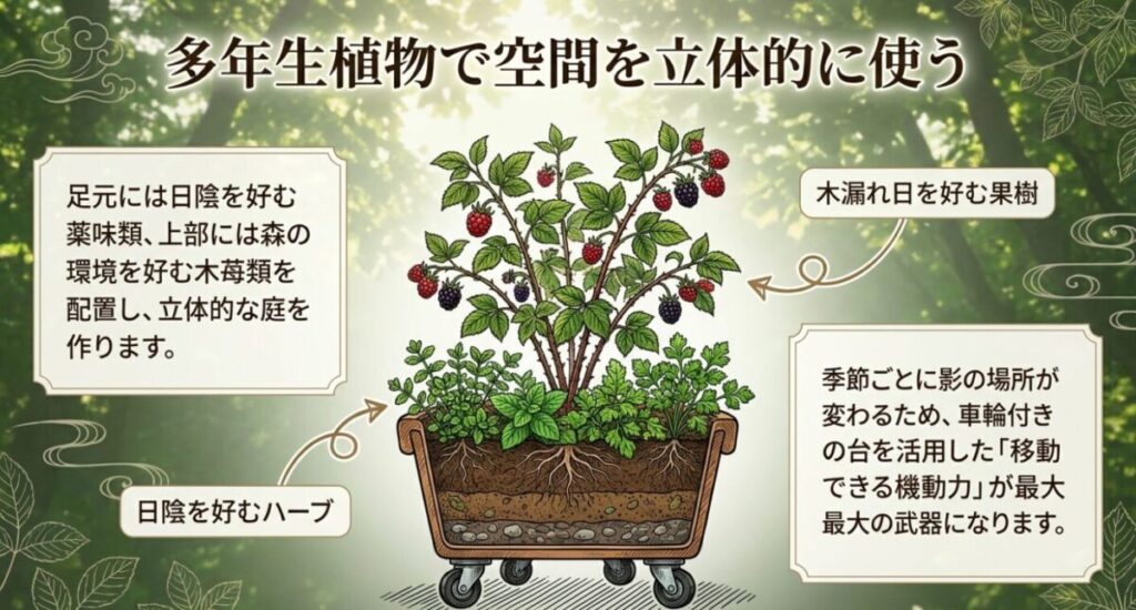 日陰家庭菜園：プランターの足元に日陰を好むハーブ類を植え、上部には木漏れ日を好む木苺類（ラズベリーやブラックベリー）を配置した断面図イラスト。