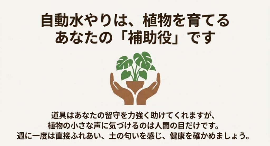 家庭菜園の自動水やり:植物の鉢を両手で包み込むイラスト 。自動水やりは補助役であり、週に一度は直接ふれあい健康を確かめる大切さを伝えています 。