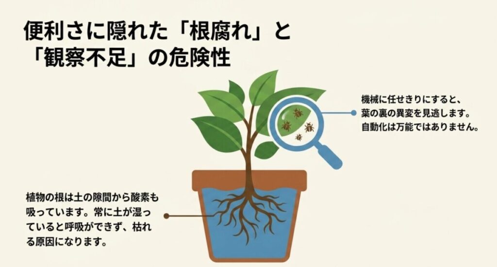 家庭菜園の自動水やり:鉢植えと虫眼鏡のイラスト 。常に土が湿っていると植物の根が呼吸できず枯れる原因になることや 、機械に任せきりにすると葉の異変を見逃す危険性を解説しています 。