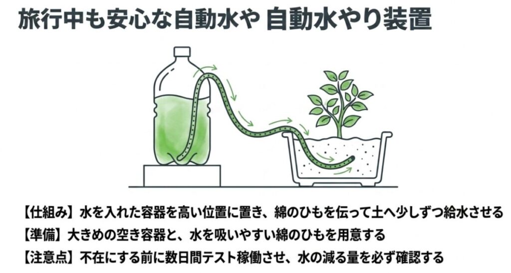 家庭菜園をアパート：旅行中も安心な自動水やり装置。水を入れた容器と綿のひもを使って、土へ少しずつ給水させる仕組み。