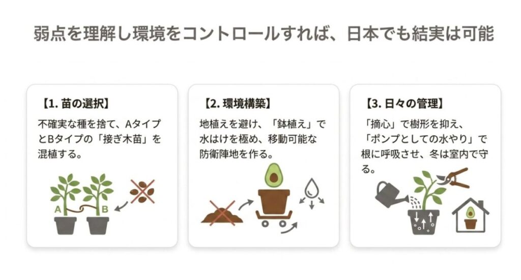 アボカドの弱点を克服する「1.接ぎ木苗の混植」「2.鉢植えでの環境構築」「3.摘心・水やり・室内冬越しの管理」の3ステップをまとめたイラストとテキスト。