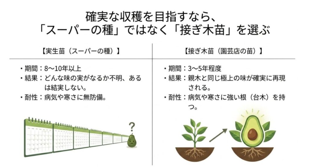 アボカドの家庭菜園：スーパーの種から育てる実生苗（収穫まで8〜10年以上・結実不明）と、園芸店の接ぎ木苗（収穫まで3〜5年・親木と同じ味・病寒に強い）の違いを比較した図。