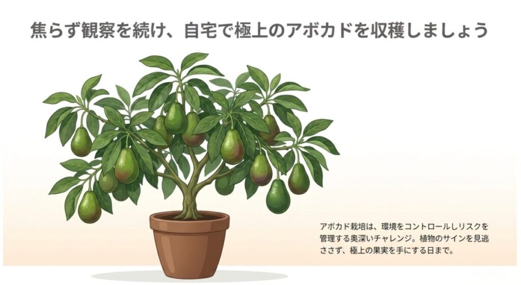 「焦らず観察を続け、自宅で極上のアボカドを収穫しましょう。環境をコントロールしリスクを管理する奥深いチャレンジ」というメッセージが書かれた結びのスライド。