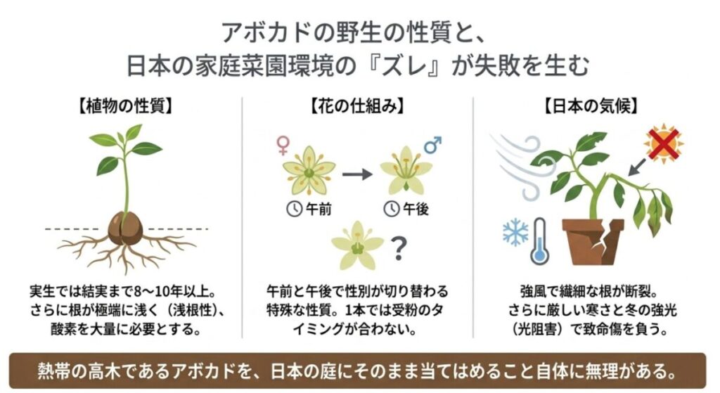アボカドの実生栽培の期間、浅根性、雌雄異熟性による受粉の難しさ、強風や冬の寒さ（光阻害）など、野生の性質と日本の気候のギャップを解説したスライド