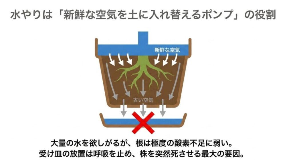 アボカドの家庭菜園：鉢植えの水やりが古い空気を押し出し、新鮮な酸素を土に引き込むポンプの役割を果たす図。受け皿に水を溜めたまま放置すると根が酸欠で突然死するリスクの警告