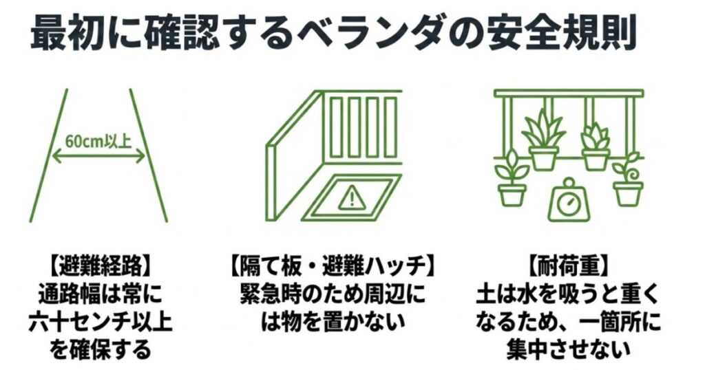 家庭菜園をアパート：最初に確認するベランダの安全規則。避難経路として通路幅60cm以上を確保し、隔て板や避難ハッチ周辺には物を置かない。