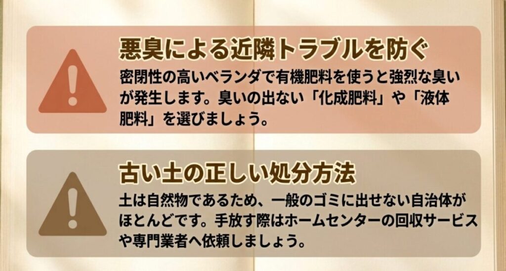 家庭菜園のメリット：悪臭による近隣トラブルを防ぐための化成肥料・液体肥料の推奨と、古い土の回収サービス等への処分方法の解説