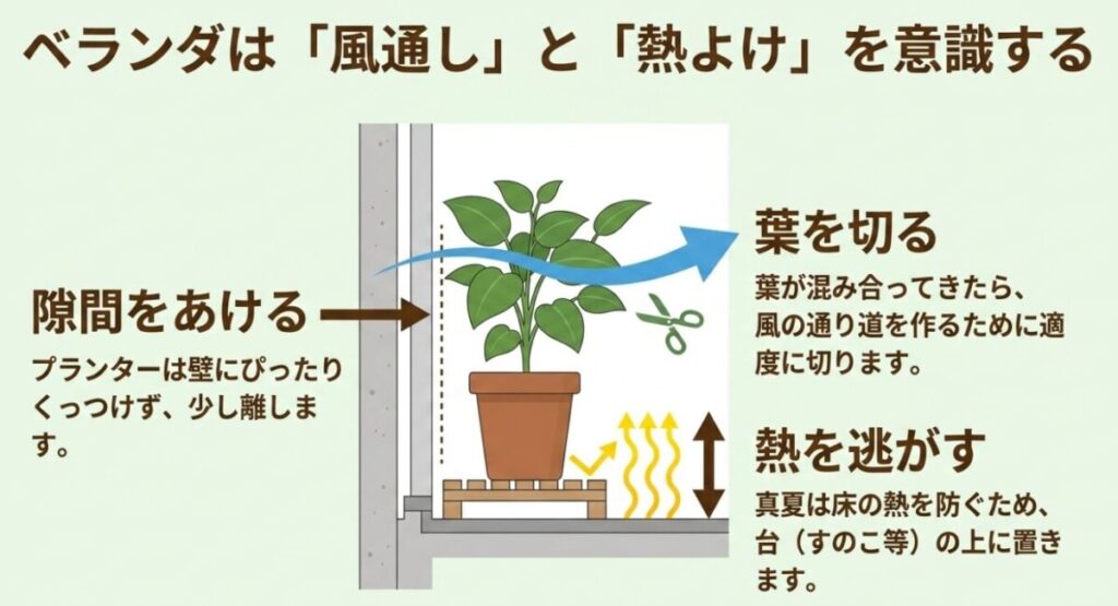 家庭菜園（虫）：ベランダ菜園での風通しと熱よけのコツ。プランターの隙間、葉の剪定、すのこを活用した熱対策のスライド。