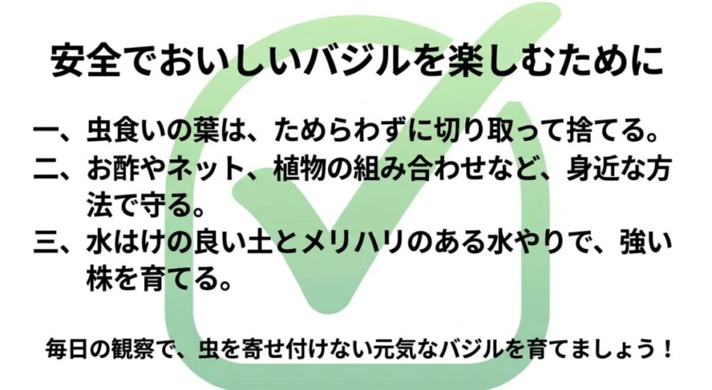 虫食いの葉を捨てる、お酢やネットなどで守る、メリハリのある水やりをするという、バジルを安全に楽しむための3つの予防策のまとめです