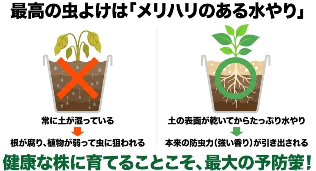バジルにつく虫：常に土が湿っている状態を避け、土の表面が乾いてからたっぷり水やりをしてバジル本来の防虫力を引き出すコツの解説です