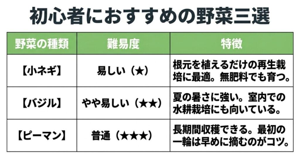 家庭菜園をアパート：初心者におすすめの野菜三選。小ネギ、バジル、ピーマンの難易度と特徴の比較表