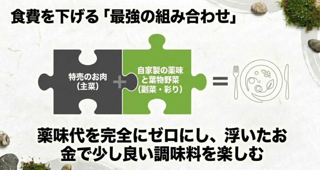 家庭菜園で節約：主菜の特売肉と副菜の自家製薬味・葉物野菜を組み合わせることで薬味代をゼロにし 、浮いたお金で良い調味料を楽しむ方法の図解