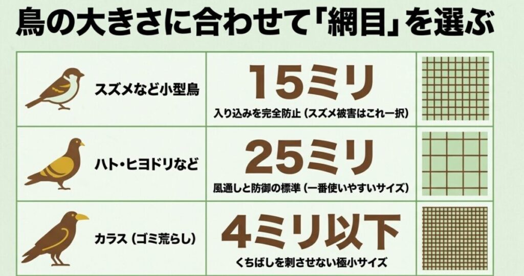 鳥よけグッズ100均：スライド「鳥の大きさに合わせて『網目』を選ぶ」。スズメなどの小型鳥は15ミリ（入り込み完全防止）、ハト・ヒヨドリなどは25ミリ（標準サイズ）、カラスは4ミリ以下（くちばしを刺させない極小サイズ）と、鳥の種類に応じた最適な網目サイズをまとめた表。