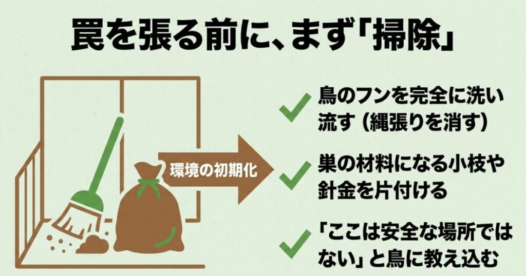 鳥よけグッズ100均：スライド「罠を張る前に、まず『掃除』」。鳥のフンを完全に洗い流して縄張りを消す環境の初期化や、巣の材料になる小枝・針金を片付けることで「ここは安全な場所ではない」と鳥に教え込む重要性を解説。