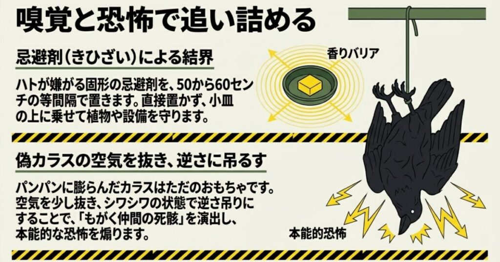 鳥よけグッズ100均：スライド「臭いで追い出し、偽物で脅す」。「ピン罠のエリア（臭いの罠）」として嫌がる臭いの固形剤を等間隔に置く対策（植物には直接触れさせない）と、「クの罠のエリア（カラスの罠）」として黒い風船の空気を抜き、逆さ吊りにして仲間の死骸だと思い込ませる対策をイラスト付きで解説。