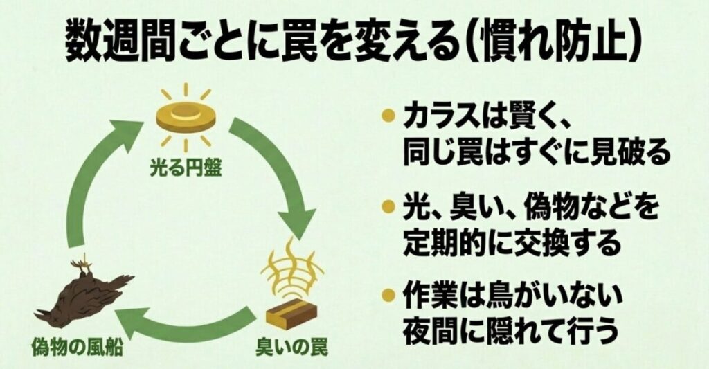 鳥よけグッズ100均：スライド「数週間ごとに罠を変える(慣れ防止)」。カラスは賢く同じ罠はすぐに見破るため、光る円盤、偽物の風船、臭いの罠などを定期的に交換すること、また作業は鳥がいない夜間に隠れて行うことを解説した内容。