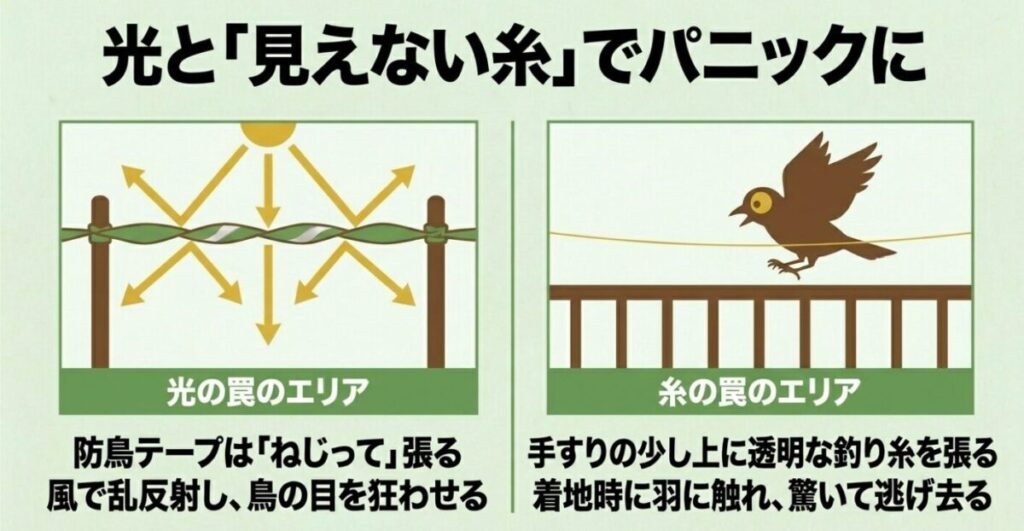 鳥よけグッズ100均：スライド「光と『見えない糸』でパニックに」。「光の罠のエリア」として防鳥テープをねじって張り、風で乱反射させて鳥の目を狂わせる仕組みと、「糸の罠のエリア」として手すりの少し上に透明な釣り糸を張り、着地時に羽に触れさせて驚き逃げ去らせる仕組みをイラスト付きで解説。