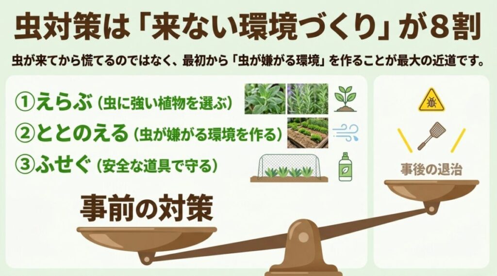 家庭菜園（虫）：虫対策は「来ない環境づくり」が8割。事前の対策が事後の退治よりも重要であることを示す図解スライド。