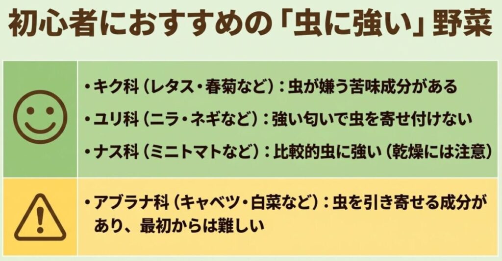家庭菜園（虫）：初心者におすすめの「虫に強い」野菜。キク科、ユリ科、ナス科、アブラナ科の特徴と注意点をまとめたスライド。