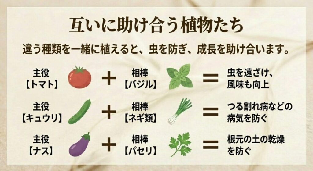家庭菜園：植物同士が助け合うコンパニオンプランツのスライド。トマトとバジル（虫除け・風味向上）、キュウリとネギ類（病気予防）、ナスとパセリ（土の乾燥防止）という3つの主役と相棒の組み合わせが、プラスとイコールの記号を使って視覚的に紹介されています。