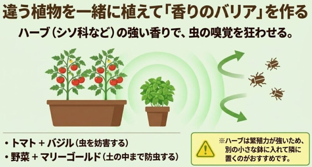 家庭菜園（虫）：違う植物を一緒に植えて香りのバリアを作るコンパニオンプランツの例。トマトとバジル、野菜とマリーゴールドの組み合わせスライド。