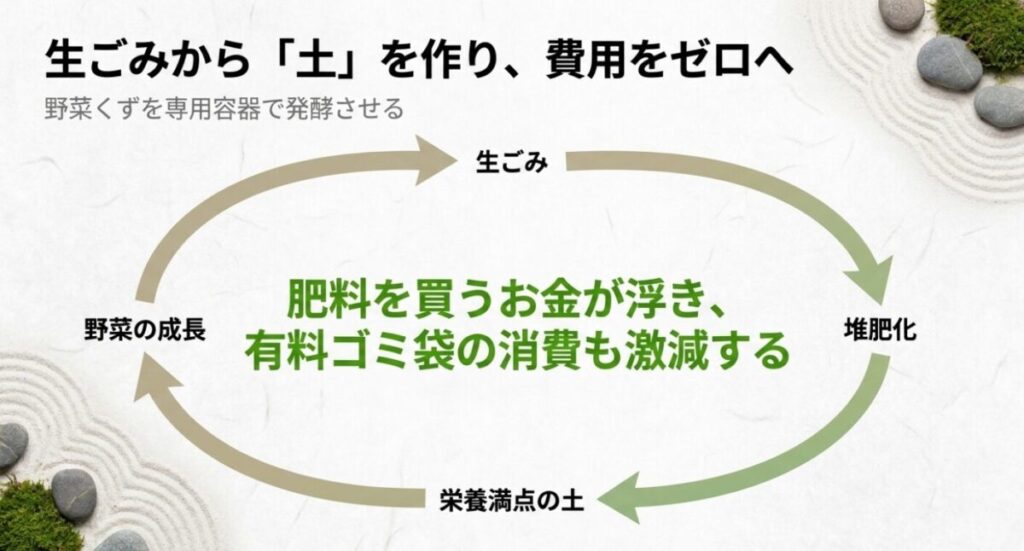 家庭菜園で節約：生ごみを堆肥化して栄養満点の土を作り、野菜を成長させるサイクル 。肥料代が浮き、有料ゴミ袋の消費も激減することを説明した図
