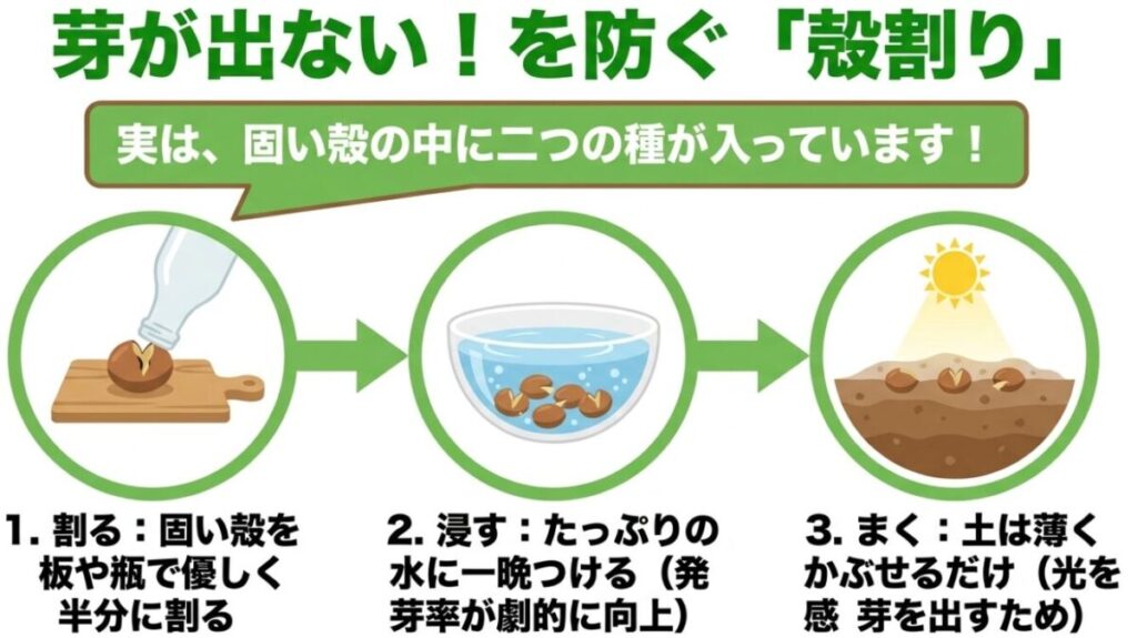 家庭菜園のパクチー栽培：芽が出ないのを防ぐための殻割り 。固い殻を優しく半分に割り、水に一晩浸してから土は薄くかぶせることで発芽率が劇的に向上します 。