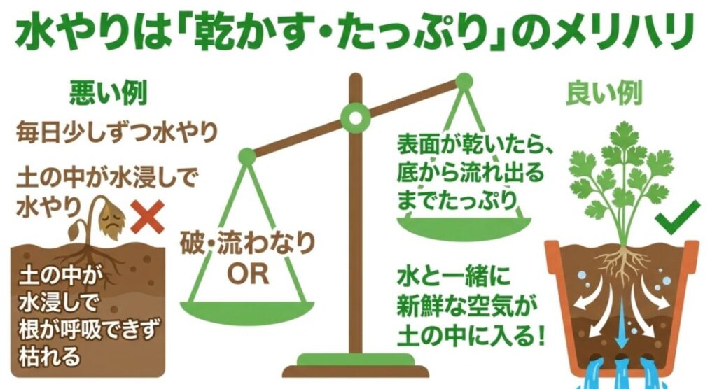 家庭菜園のパクチー栽培：水やりは「乾かす・たっぷりのメリハリ」が大切です 。毎日少しずつの水やりは土の中が水浸しになり根が呼吸できず枯れてしまいます 。表面が乾いたら底から流れ出るまでたっぷり与えることで、新鮮な空気が土の中に入ります 。