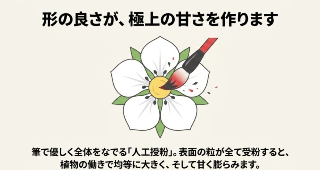 いちごの花を筆で優しくなでて人工授粉を行うことで、均等に大きく甘く膨らませる方法の図解