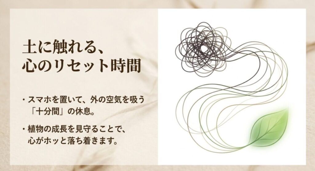 家庭菜園：デジタルデトックスの魅力を説明するスライド。「土に触れる、心のリセット時間」という見出しとともに、スマホを置いて外の空気を吸う10分間の休息や、植物の成長を見守ることで心が落ち着くことが、絡まった線が一本の緑の葉へと繋がっていくイラストで表現されています。