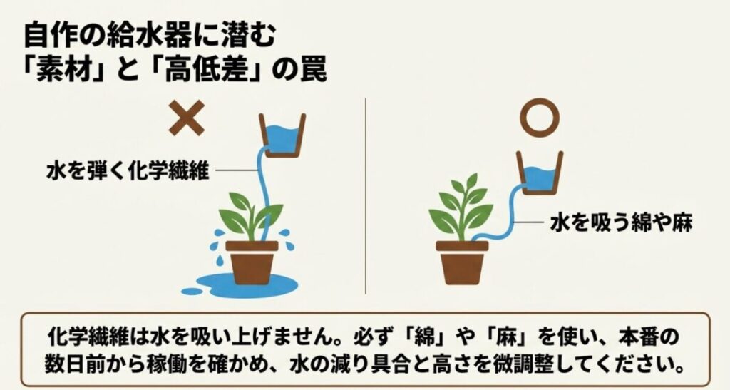 家庭菜園の自動水やり:紐を使った給水で水がこぼれているイラスト 。水を弾く化学繊維は使用せず、必ず水を吸う「綿」や「麻」を使うよう警告しています 。