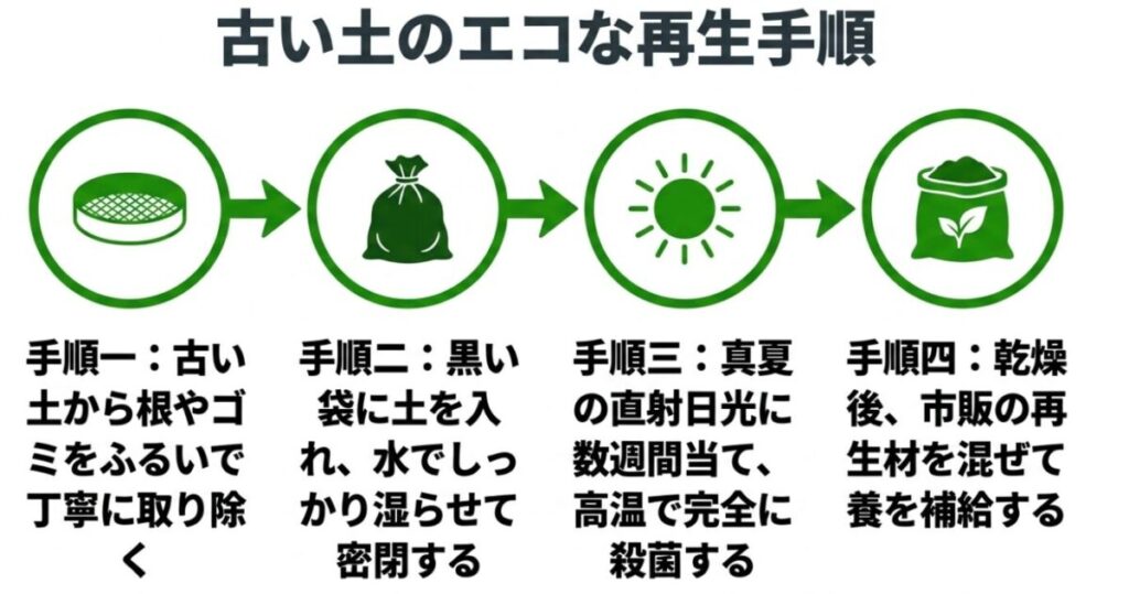 家庭菜園をアパート：古い土のエコな再生手順。ゴミを取り除き、水で湿らせて黒い袋で密閉し、真夏の直射日光で数週間殺菌する方法