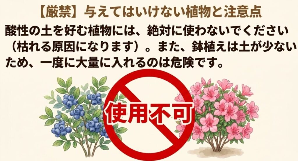 卵の殻を肥料にする：ブルーベリーやツツジなど、酸性の土を好む植物への使用は厳禁であることを示す禁止マークの図 。