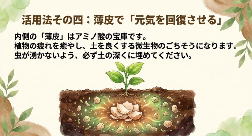卵の殻を肥料にする：アミノ酸の宝庫である内側の薄皮が微生物のごちそうとなり、土の中の環境を良くしているイラスト 。