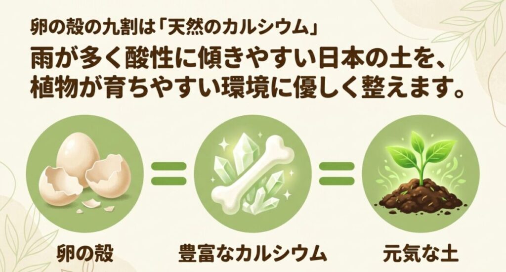 卵の殻の九割は天然のカルシウムであり、雨が多く酸性に傾きやすい日本の土を元気な土に整えることを示す図 。