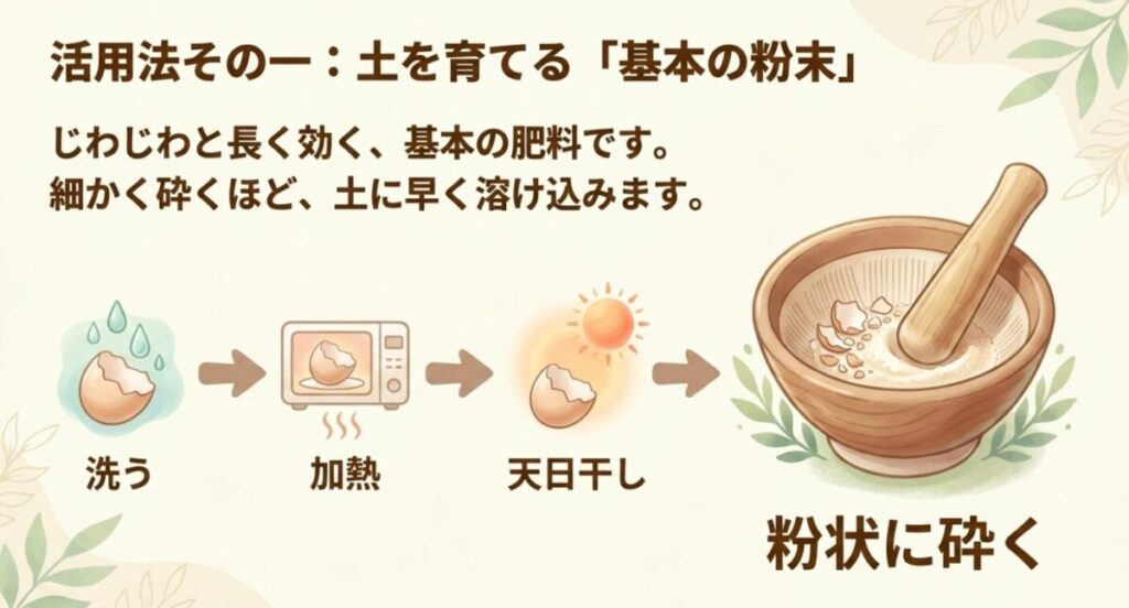 卵の殻を肥料にする：洗う、加熱、天日干し、粉状に砕くという、土を育てる基本の粉末を作るための手順 。