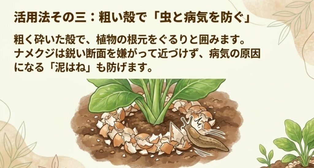 卵の殻を肥料にする：粗く砕いた殻で植物の根元を囲み、ナメクジの接近や泥はねを防ぐ様子 。
