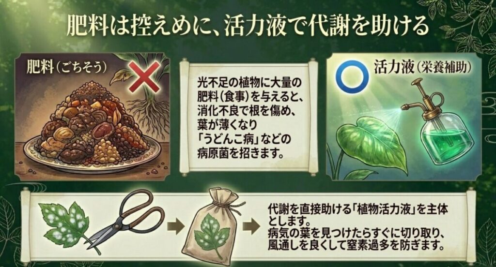 日陰家庭菜園：山盛りにされた過剰な肥料にバツ印がつけられており、光不足の植物には消化不良を防ぐために活力液を活用することを示すイラスト。