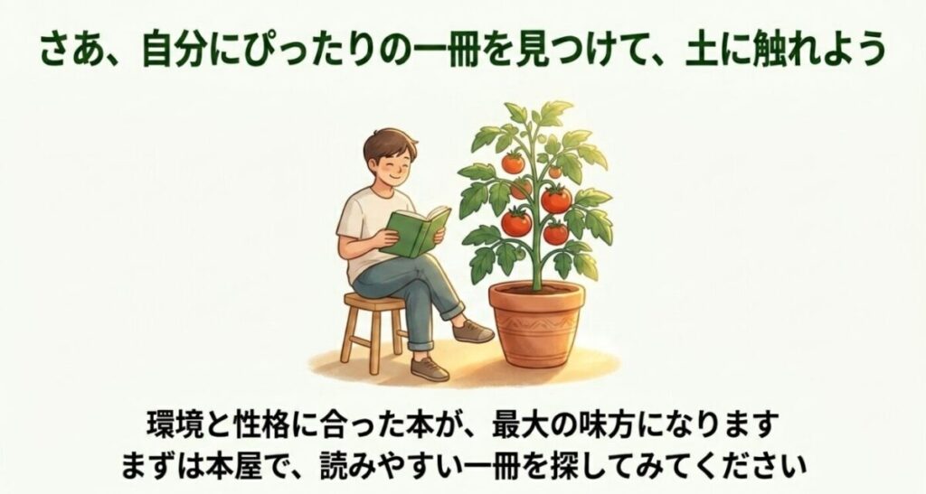 家庭菜園の初心者におすすめの本：豊かに実った鉢植えトマトの横で、笑顔で本を読む男性のイラスト。自分にぴったりの一冊を見つけて土に触れようと促すメッセージ画像