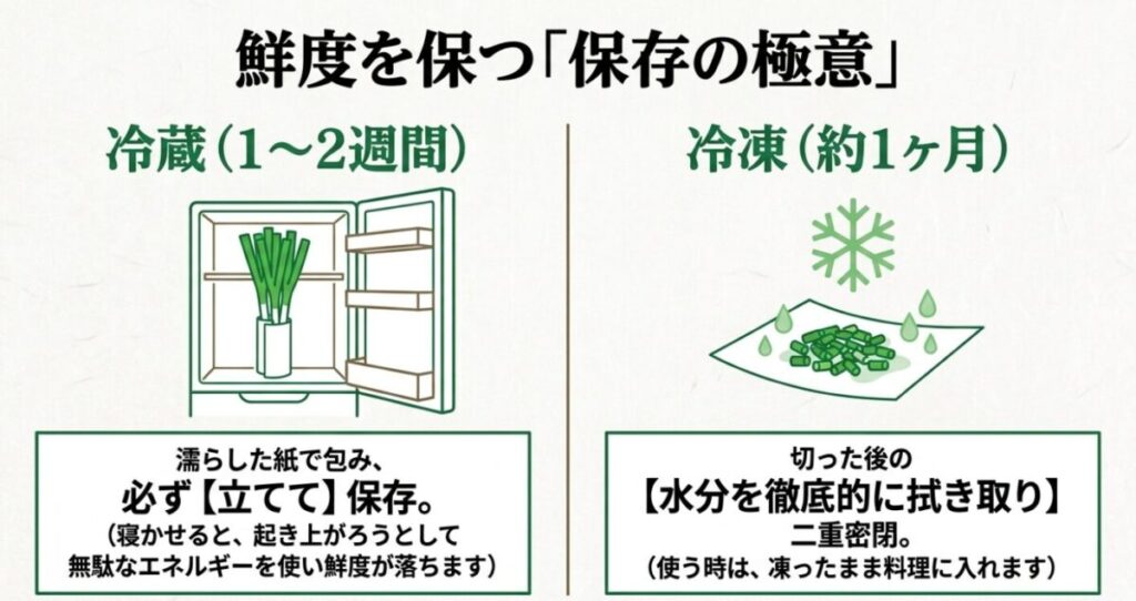 小ネギを濡らした紙で包み冷蔵庫で立てて保存する方法と、切った後の水分を拭き取り二重密閉で冷凍保存するイラスト
