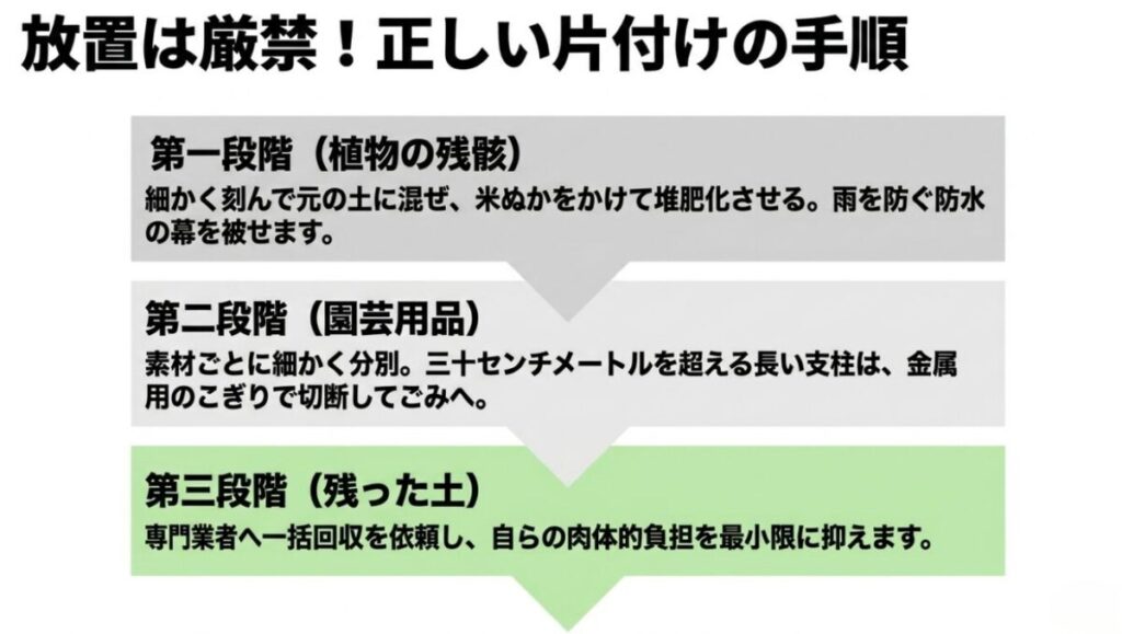 家庭菜園：放置は厳禁として、正しい片付けの手順を解説するスライド 。植物の残骸、園芸用品、残った土の三段階に分けて手順を説明している 。
