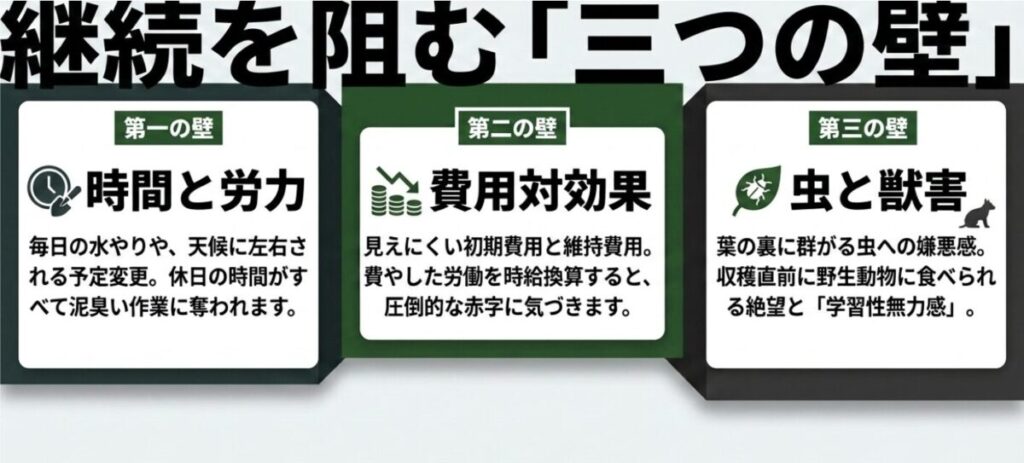 家庭菜園の理想である華やかな収穫は一瞬で、現実は地味な肉体労働の繰り返しであることを示すスライド 。また、愛情の裏返しによる根腐れや知識不足による連作障害などの失敗例を解説している 。