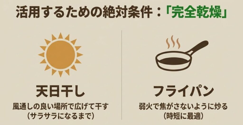コーヒーかす肥料：活用するための絶対条件は完全乾燥です 。風通しの良い場所でサラサラになるまで天日干しするか 、時短のためにフライパンを使い弱火で焦がさないように炒る方法があります