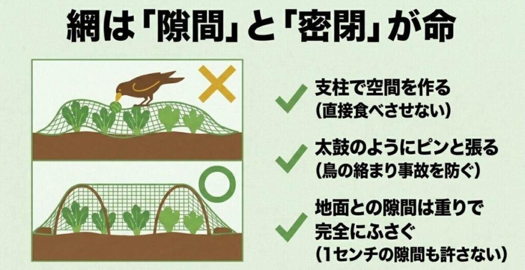 鳥よけグッズ100均：スライド「網は『隙間』と『密閉』が命」。上段には作物の真上に直接ネットを被せて鳥に食べられている悪い例（×）、下段には支柱で空間を作り、太鼓のようにピンと張り、地面を重りで塞いでいる正しい例（◯）のイラスト。